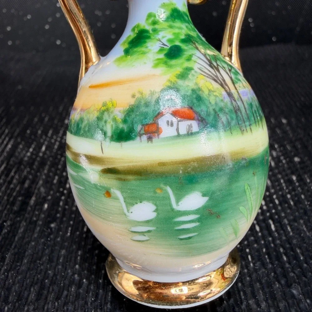 Vintage German Porcelain Miniature Bud Vase Hand Painted Swan Landscape Gold